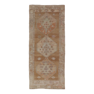Vintage Turkish Kars Gallery Runner With Geometric Medallions in Soft Earth Tone
