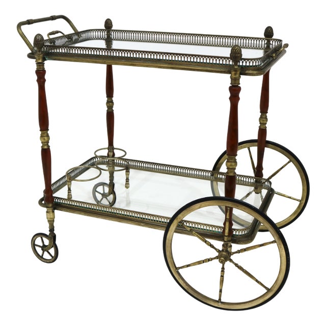 Neoclassical Brass Bar Cart with Pinecone Finials from Maison Baguès, France, 1940s For Sale