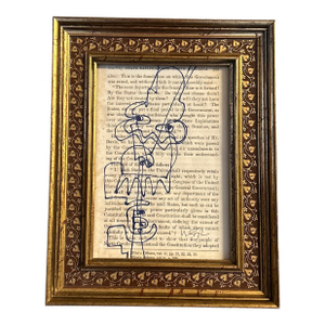 Contemporary Original Wayne Cunningham Abstract Marker Drawing on Vintage Book Page