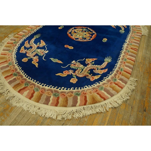 Textile 1980s Blue Dragon Modern Vintage Chinese Art Deco Carpet Knotted Wool Oval Rug For Sale - Image 7 of 9