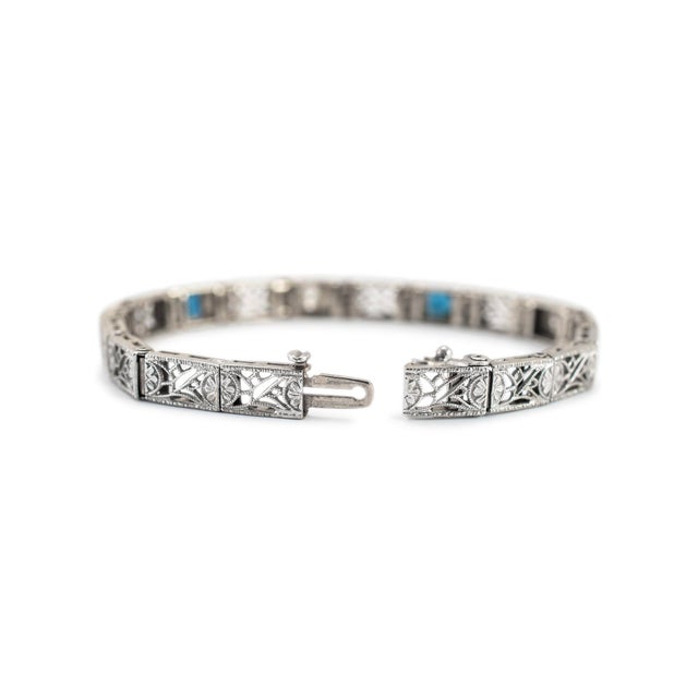 Early 20th Century Antique Art Deco 14k White Gold Old European Cut Diamond Sapphire Link Bracelet For Sale - Image 5 of 6