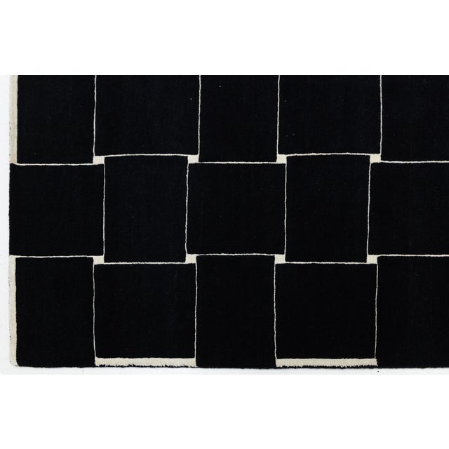 2020s Contemporary Graphic Basketweave Black and Cream Wool Rug Modernist Grid 8x10 For Sale - Image 5 of 12