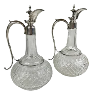 Pair Continental Silver and Cut Crystal Claret Jugs