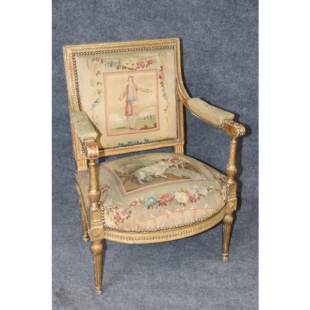 Late 19th Century Pair 19th Century French Louis XVI Style Giltwood Aubusson Armchairs For Sale - Image 5 of 13