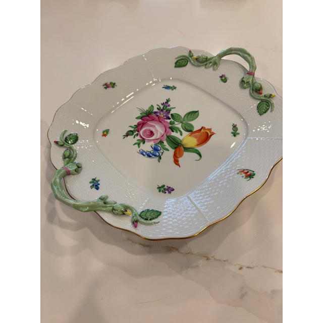 Elegant hand, painted porcelain square tray by Heron Hungary, featuring a vibrant central floral bouquet with scattered...