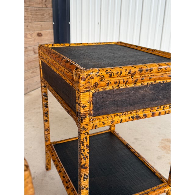 Early 21st Century Pair Vintage British Colonial Tortoise Finish Rattan & Grasscloth Nightstands For Sale - Image 5 of 12
