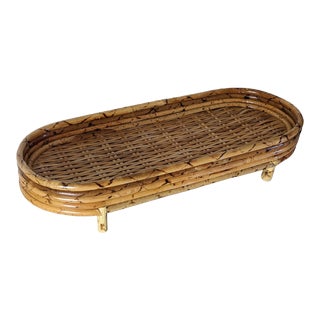 Vintage Burnt Bamboo Tortoiseshell Oval Pedestal Tray For Sale