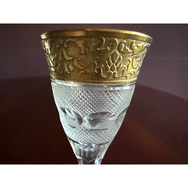 Traditional Late 20th Century Moser Splendid Pattern Cordial Glasses With 24k Gold Trim. Approx. 4” Tall X 1-5/8” Diameter. Six (6) Glasses. For Sale - Image 3 of 10