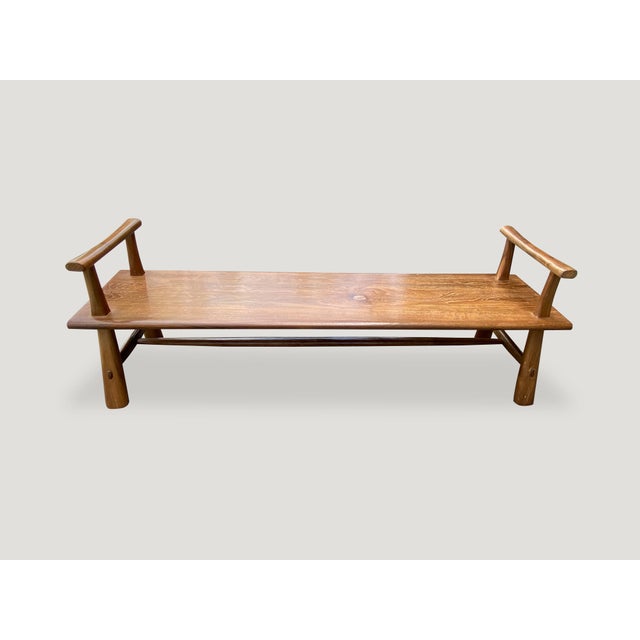 Andrianna Shamaris Midcentury Couture Teak Wood Bench with Arms For Sale - Image 9 of 18