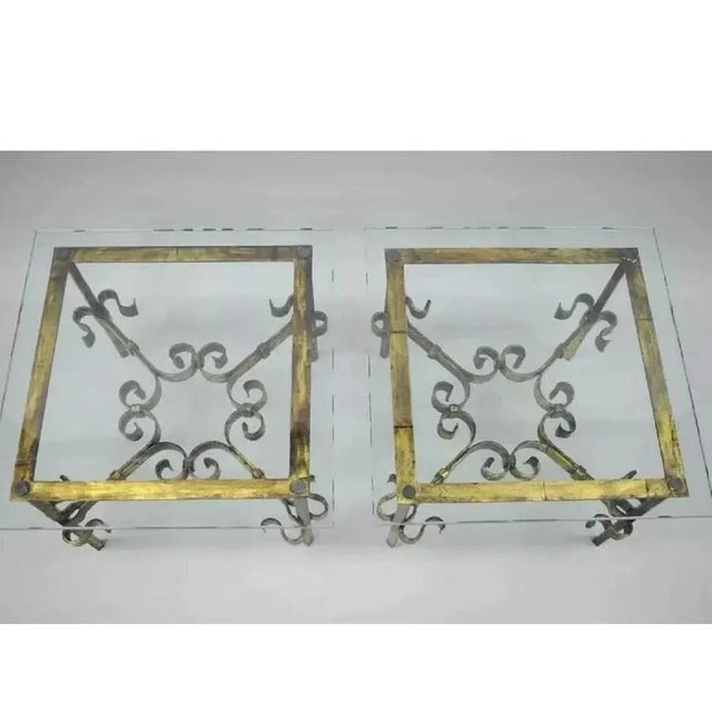 Mid-Century Modern Mid Century Spanish Hollywood Regency Wrought and Gilt-Iron Scroll End Tables-Pair For Sale - Image 3 of 3