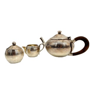 1930s Art Deco Silver Plate Tea Set with Wooden Handle, Portugal- 3 Pieces For Sale