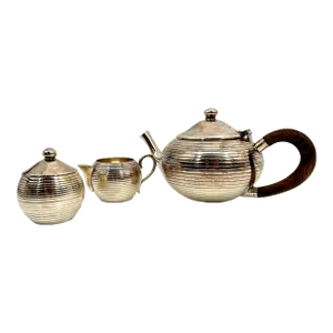 1930s Art Deco Silver Plate Tea Set with Wooden Handle, Portugal- 3 Pieces