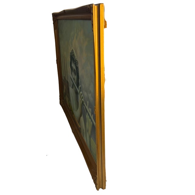 Wood Late 20th Century Jan Rithamer Surrealist Painting of Classical Figure With Flute, Bird & Lizard in Gilt Frame For Sale - Image 7 of 8