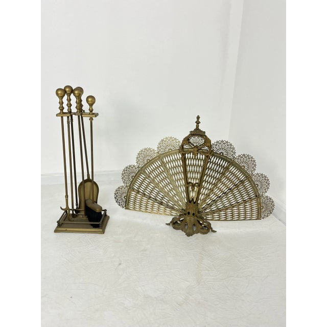 Fireplace Spark Guard Set with Peacock Tail and Tools, 1970s, Set of 6 For Sale - Image 10 of 10