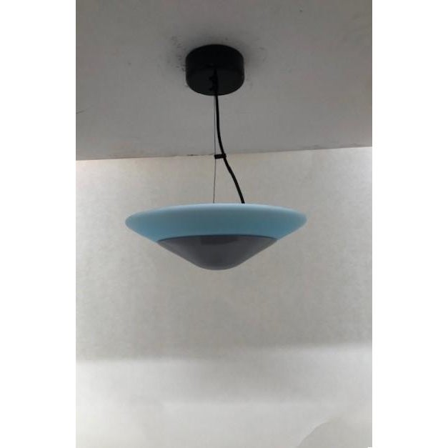 Gabi Pendant lamp, Murano Hand Blown Blue Glass. Mounting: gray lacquer metal and black canopy. Dimensions: diameter 14.5"...