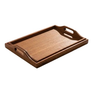Large Rectangular Teak Nesting Trays - Set of 2 For Sale