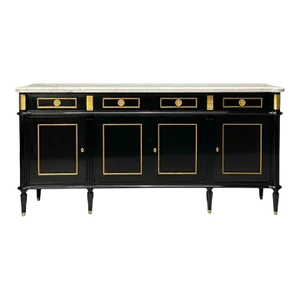 Louis XVI Style, Hollywood Regency, Sideboard, Black Lacquer, Marble, Bronze
