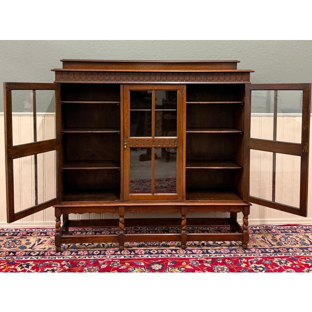 Antique English Jacobean Bookcase Bookshelf Cabinet Triple Glass Door Oak C1930s For Sale - Image 10 of 18