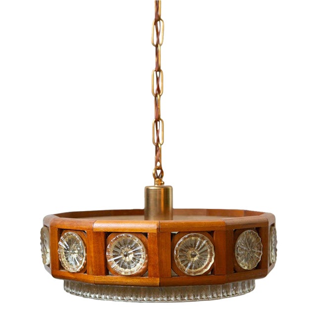 1960s Carl Fagerlund for Orrefors Teak & Glass Chandelier For Sale