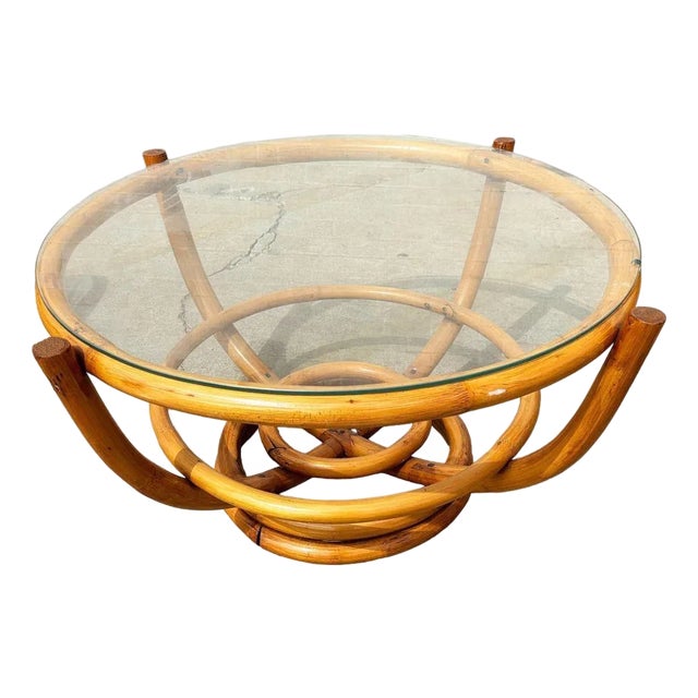 Restored Four-Pole Rattan Coffee Table W/ Floating Glass Top For Sale