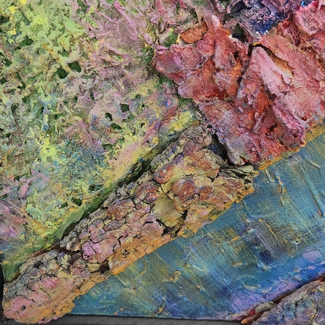 A bold and vibrant 1980s textured abstract painting on canvas, executed in a dynamic mixed-media technique that layers...