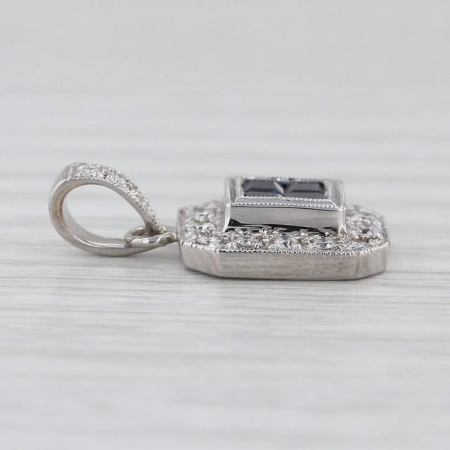2010s 0.75ctw Blue Sapphire Diamond Halo Pendant 18k White Gold Small Drop For Sale - Image 5 of 5