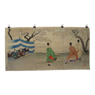 1897 Original Japanese Ukiyo-E Woodblock Print Triptych: "Ancient Football at Chiyoda Palace" by Chikanobu – Rare Sports Subject, Meiji Era Antique For Sale
