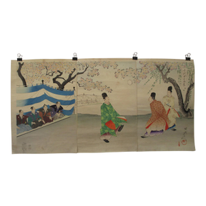 1897 Original Japanese Ukiyo-E Woodblock Print Triptych: "Ancient Football at Chiyoda Palace" by Chikanobu – Rare Sports Subject, Meiji Era Antique