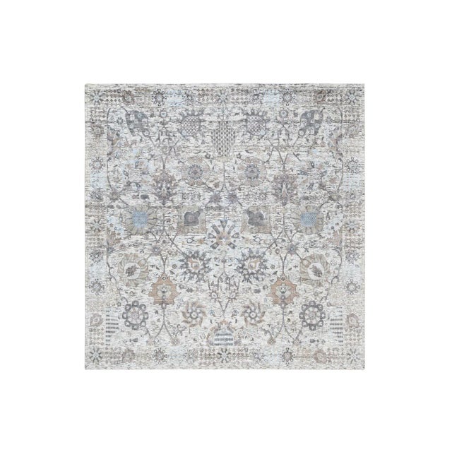 Hand Knotted Ivory Tabriz Vase With Pomegranate Design Silk With Textured Wool Oriental Square Rug For Sale - Image 9 of 9