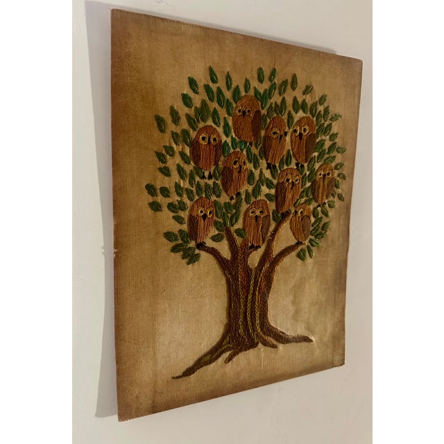 Alexander Girard Folk Art Owls Family Tree of Life Embroidery Handmade Vintage Danish Modern For Sale - Image 4 of 6