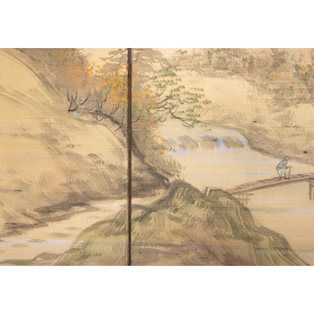 1960s Shōwa Era Japanese Byobu Screen, "Mountain Landscape With River and Bridge" For Sale In Dallas - Image 6 of 18
