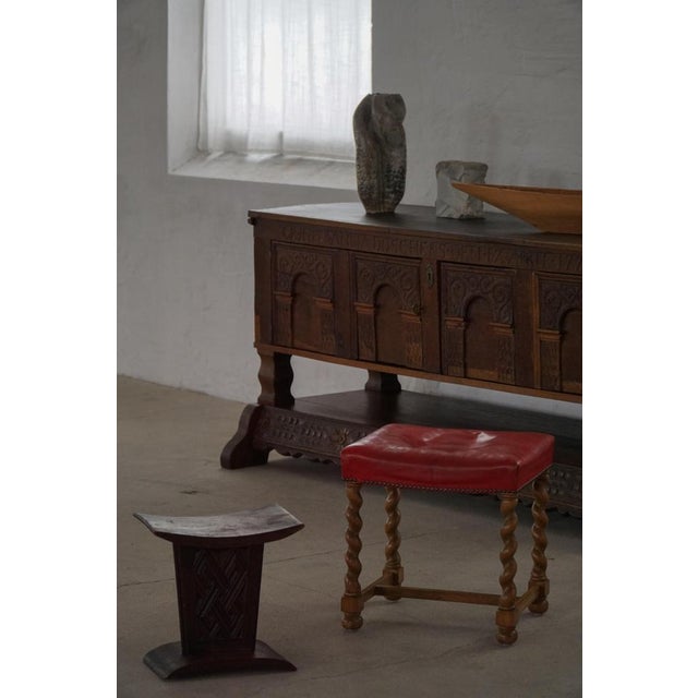 Vintage Danish Oak Barley Twist Stool with Red Leather Seat, 1930s For Sale - Image 9 of 16