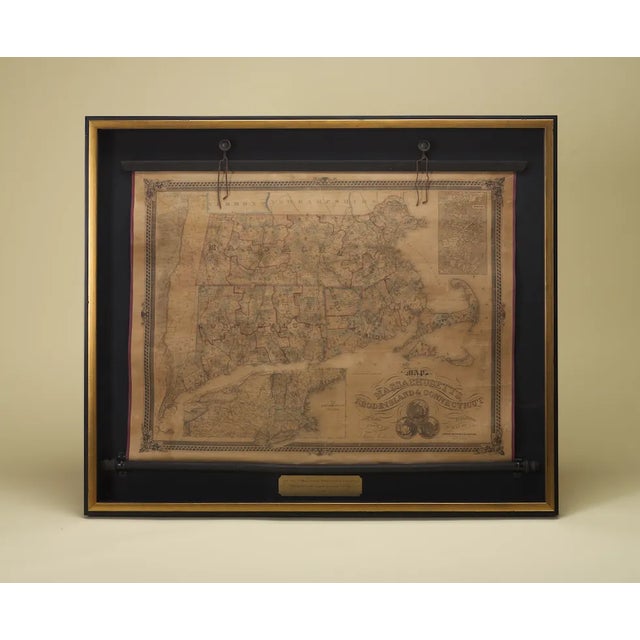 Paper 1854 Wall Map of Massachusetts, Rhode Island & Connecticut by Ensign, Bridgman & Fanning, Hand-Colored Engraving With Original Hardware For Sale - Image 7 of 7
