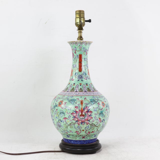 Chinese Vintage Chinese Famille Rose Lime Green Porcelain Vase Lamp With Lotus and Peony Scrollwork For Sale - Image 3 of 16