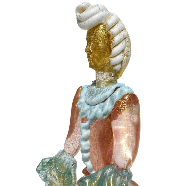 Murano Murano Victorian Dress Woman Pink Blue White Gold Flecks Vintage Italian Art Glass Figure Sculpture For Sale - Image 4 of 13