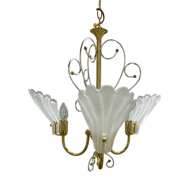 Vintage Brass and Silver Three-Light Shell Chandelier, 1984 For Sale