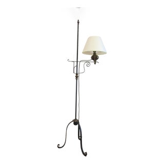 Early 1900s Vintage Colonial Style Wrought Iron Tripod Scrollwork Floor Lamp For Sale