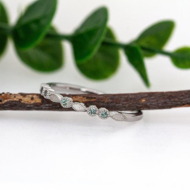 Dainty Alexandrite Band With Milgrain Details in Solid 14k White Gold | Rd 2mm, Size 6.75 For Sale - Image 4 of 8