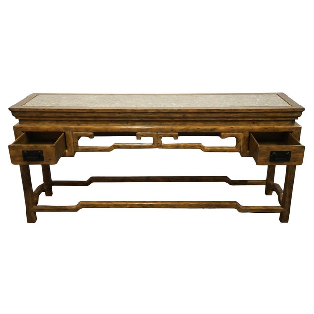 Late 20th Century Maitland Smith Solid Pecan Asian Chinoiserie Style 74" Sofa / Console Table W. River Rock Granite Top For Sale - Image 5 of 11