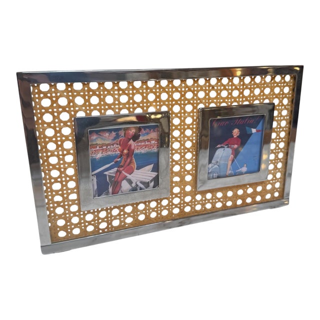 Vintage Chrome & Cane Double Photo Frame For Sale