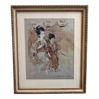 Jack Levine “Geisha With Attendant” — Hand-Embellished Pochoir, Facing East Portfolio, 1970 | Gilt Frame For Sale