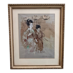 Jack Levine “Geisha With Attendant” — Hand-Embellished Pochoir, Facing East Portfolio, 1970 | Gilt Frame