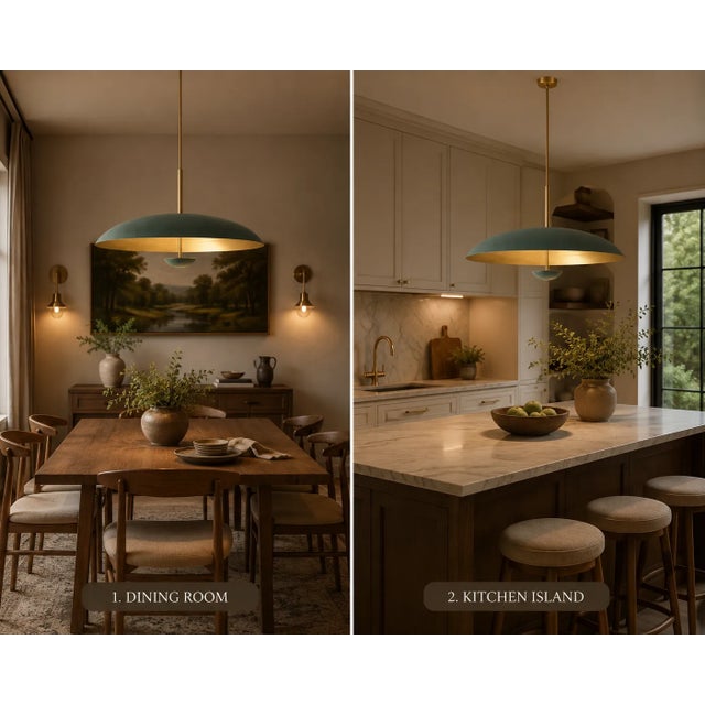 Brass Dome Pendant Light, Raw Brass Finish Scandinavian Kitchen Island Lighting, Mid Century Ceiling Light, Green Hanging Lamp For Sale - Image 6 of 8