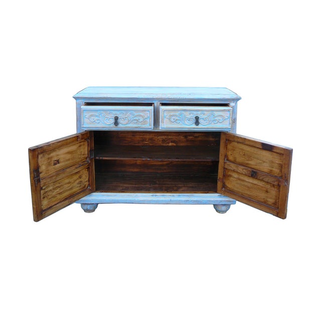 Oriental Floral Shabby Chic Rustic Light Blue High Credenza Cabinet For Sale - Image 9 of 10