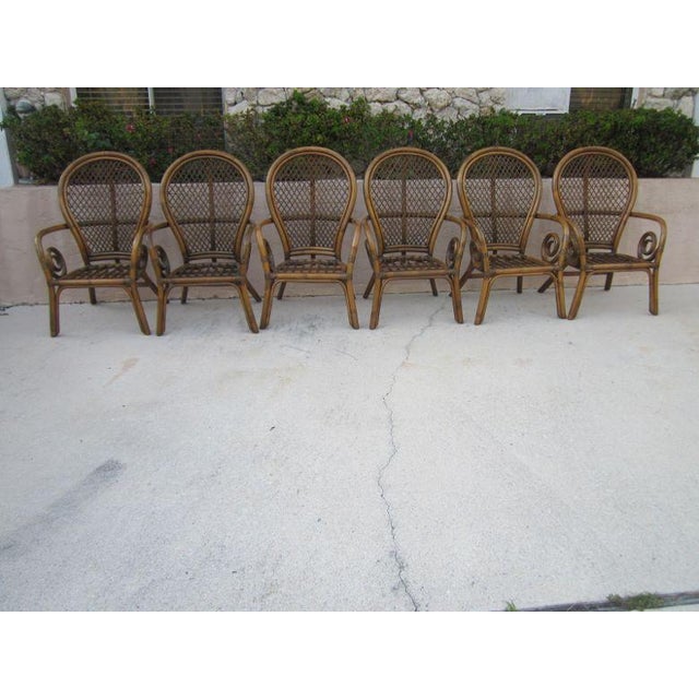 1980s Dining Chair Bamboo Rattan Beige Cushion Set of 6 For Sale - Image 4 of 14