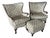 Vintage Mid-Century Upholstered Wingback Lounge Chairs With Matching Ottoman, Carved Wood Frame, Custom Upholstery. For Sale
