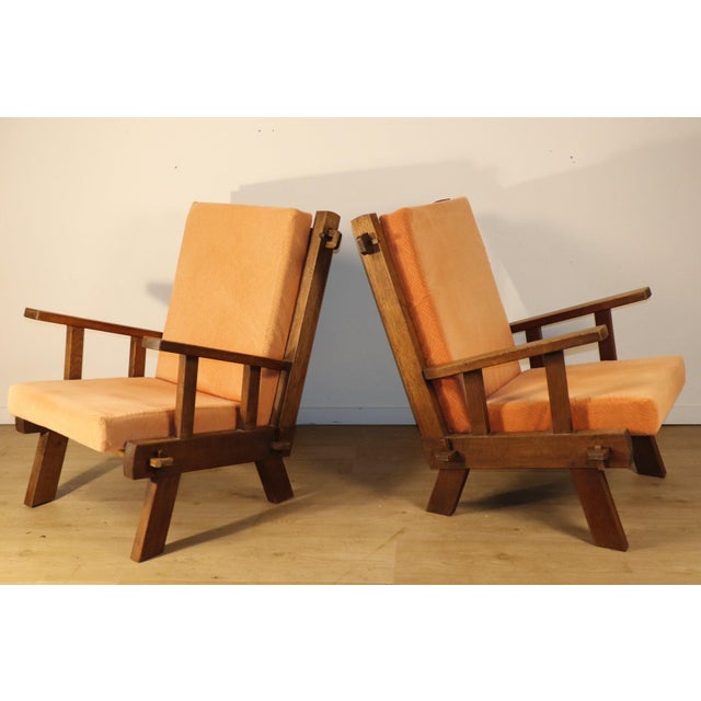Wood Brutalist Armchairs in Oak and Velvet, 1960s-1970s, Set of 2 For Sale - Image 7 of 18