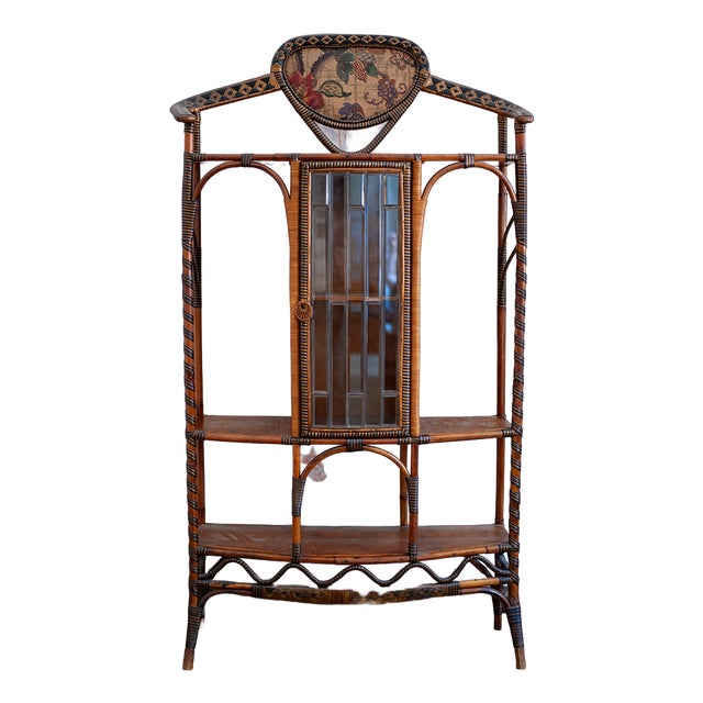 Rattan and Rush Étagère with Bevelled Glass Door, 1890s For Sale