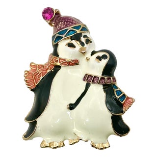Early 21st C. Vintage Boho Chic Americana Two Penguins Christmas Brooch, Christopher Radko. For Sale