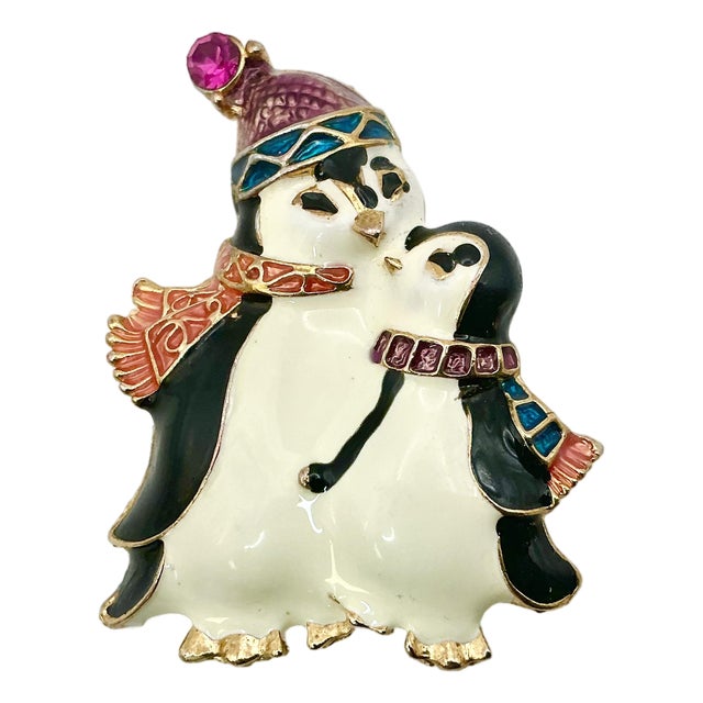 Early 21st C. Vintage Boho Chic Americana Two Penguins Christmas Brooch, Christopher Radko. For Sale